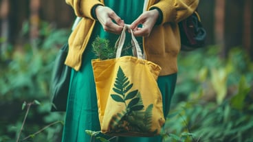 someone holding a bag with a plant on it in a forest generative ai