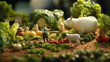Shows miniature scenes of people and vegetables and dog and beef in igor zenin style