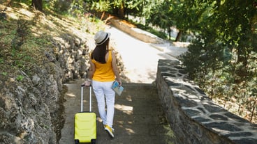 Achteraanzicht reiziger toeristische vrouw in gele zomer casual kleding hoed met koffer stadsplattegrond wandelen in de stad buiten. Meisje dat naar het buitenland reist om een weekendje weg te reizen. Toeristische reis levensstijl.